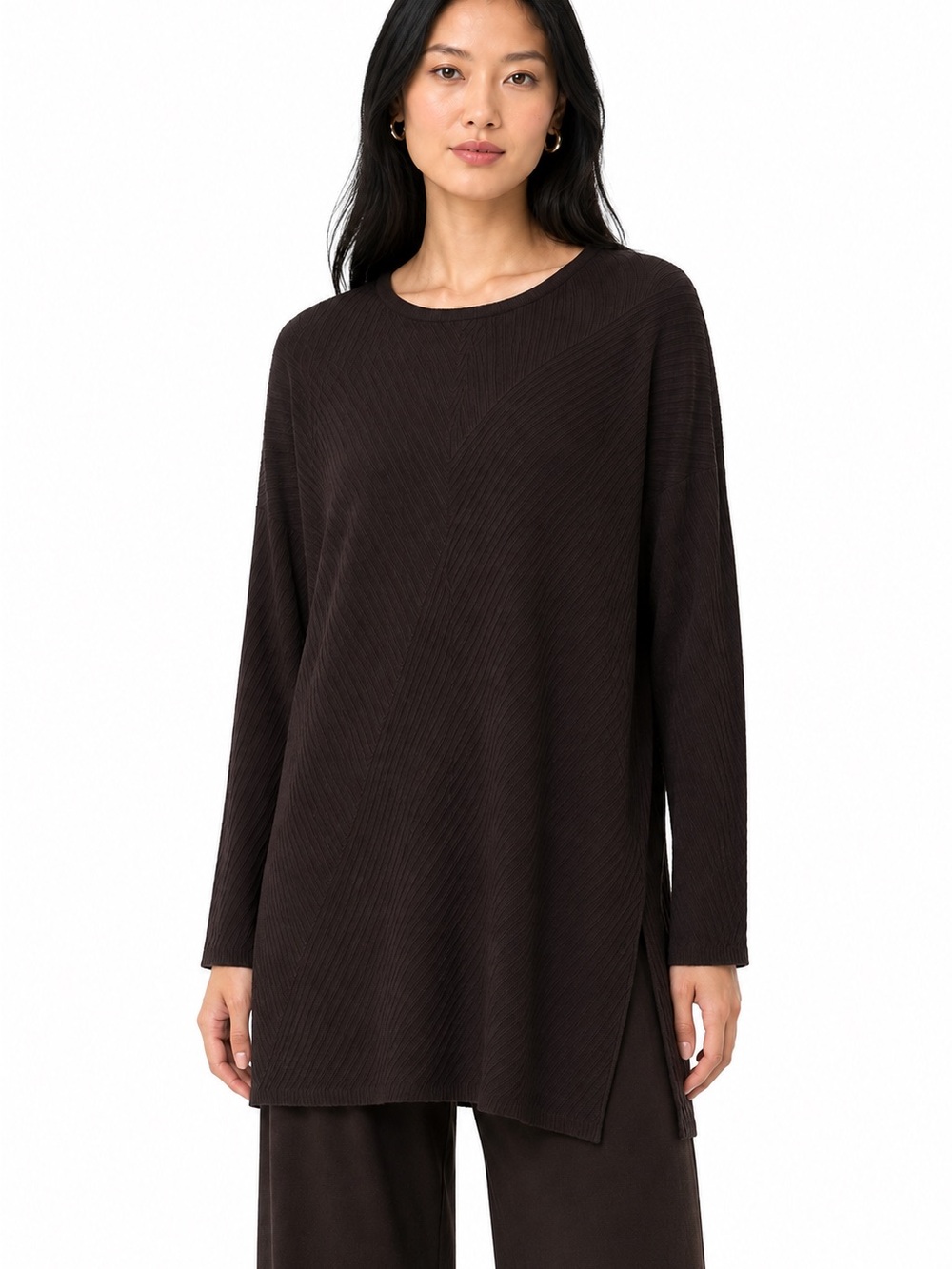 Eileen Fisher Dark Brown Ribbed Long-Sleeve Tunic